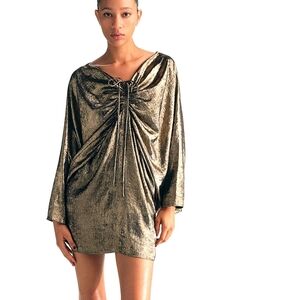 Zara Black And Gold Draped Balloon Mini Dress